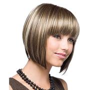 AUBWIG Marron Blanc Mixte Bob Perruques Chic Short Bob Perruque courte droite avec Bangs Perruques synthétiques résistantes à la chaleur (Brun Blanc Mixte)