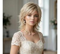 AUBWIG Perruques blondes mi-longues pour femmes,perruque shaggy naturelle moelleuse avec frange Perruque synthétique en couches de cheveux avec racines foncées Tenue quotidienne (blonde)
