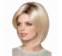 AUBWIG Short Blonde Bob Perruque avec Bangs Brown Root Perruques Blondes Droites Courtes pour Perruques Quotidiennes Synthétiques Résistantes à la Chaleur (Bob Mixed Blonde)