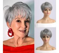 AUBWIG Silver Grey Short Pixie Cut Perruques Superposées Shaggy avec Bangs Natural Straight Fluffy Resistant Synthetic Short Hair Perruques pour femmes (Silver Gray #3E)