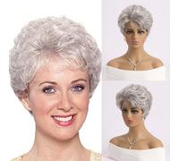 AUBWIG Silver White Short Slight Curly Hair Perruque Short Pixie Cut Perruque avec frange pour femmes Perruques de cheveux synthétiques résistantes à la chaleur naturelles (Silver White #3E)