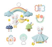 auby Cozy Bunny Set Cadeau Apaisant pour Nouveau-Né - Kit 6-en-1 avec Anneaux de Dentition, Doudou et Jouets Suspendus pour Lit/Poussette,Développement Sensoriel,Lavable en Machine