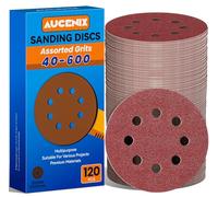 Aucenix Lot de 120 feuilles abrasives 125 mm Velcro : 8 trous, disques abrasifs 40/60/80/120/150/180/240/320/400/600 grains différents - Feuilles abrasives pour ponceuse excentrique pour métal, mur,
