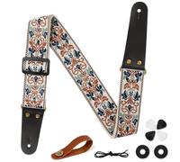 Aucuu Sangle Guitare, Sangle en Jacquard avec Extrémités en Cuir, Sangles de Guitare pour Guitare Réglable, Brodé Jacquard Styles Vintage en Vedette,pour Sangles Guitare Acoustique/Électrique ou Basse