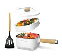 Audecook Casserole électrique, 2 L Cermic Glaze Poêle à frire antiadhésive, multicuiseur de voyage portable pour ramen, steak, œuf, riz frit, flocons d'avoine, soupe, 350 W/800 W (beige/2 l avec