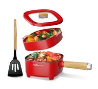 Audecook Casserole électrique, 2 L Cermic Glaze Poêle à frire antiadhésive, multicuiseur portable de voyage pour ramen, steak, œuf, riz frit, flocons d'avoine, soupe, 350 W/800 W (rouge/2 l avec
