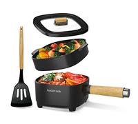 Audecook Casserole électrique, 2 L Cermic Glaze Poêle à frire antiadhésive, multicuiseur portable de voyage pour ramen, steak, œuf, riz frit, flocons d'avoine, soupe, 350 W/800 W (rouge/2 l avec