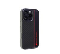 Audi Coque de protection pour le sport - Compatible avec iPhone 16 Pro - Coque absorbant les chocs - Avec découpes précises pour l'appareil photo, les ports et les boutons - Noir avec détails rouges