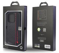 Audi Coque de protection pour le sport - Compatible avec iPhone 14 Pro - Coque absorbant les chocs - Avec découpes précises pour l'appareil photo, les ports et les boutons - Noir avec détails rouges