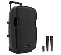 Audibax Denver 15 - Haut-Parleur Active 15" - Puissance 250W - Enceinte amplifié - Connexion USB/SD - Haut-Parleur Bluetooth - Comprend des roulettes + 2 Microphones à Main - Batterie de 6 Heures