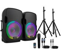 Audibax Party 212 - Lot de 2 Haut-parleurs 12" Actifs et Passifs - Puissance 400W - Enceinte Amplifié - Connexion USB/SD - Support + Câble + Microphone - Haut-parleur Bluetooth - Illumination LED