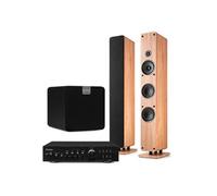 Audizio ARCO - Pack Home Cinema Système Stéréo Chêne Clair 480W avec Enceintes Colonnes, Subwoofer 8" et Amplificateur - Son Puissant Hi-Fi pour