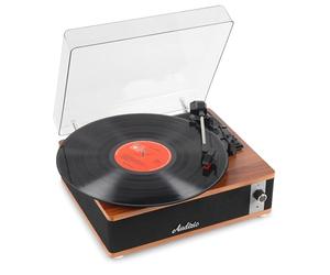 Audizio Irvine Platine Vinyle Bluetooth avec Haut-parleurs Intégrés, Tourne-Disque 3 Vitesses, Compatible Disques 33, 45 et 78 Tours, Capot Anti-Poussière Amovible, Noyer