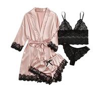 AudMsier Pyjama en Satin Quatre Pièces pour Femmes, sous-Vêtements en Dentelle, Robe Courte avec Ceinture, Vêtements en Soie (Rose, XL)