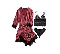 AudMsier Pyjama en Satin Quatre Pièces pour Femmes, sous-Vêtements en Dentelle, Robe Courte avec Ceinture, Vêtements en Soie (Vin Rouge, XS)