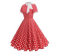 Audrey Hepburn Robe de thé pour femme, robe d'été à manches courtes avec nœud papillon, robe de chambre tendance imprimée à pois, robe plissée, élégante, vintage, Rouge, M
