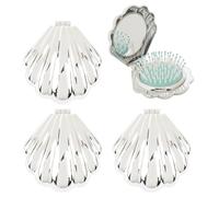 AUEAR, Lot de 4 brosses à cheveux en forme de coquillage avec miroir, pliable, portable, peigne de poche, massage, argent
