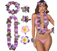 AUEFUDQ 6 Pcs Colliers de Fleurs Hawaïennes Hula Luau Collier Bracelet Bandeau Hawaïen Colliers Fleurs Hawaïen pour Carnaval Fêtes sur la Plage Hawaïenne Pom-Pom Anniversaires