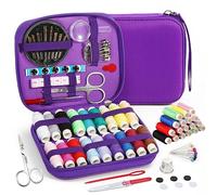 AUERVO Kit de couture 86 pièces avec fils et aiguilles pour adultes, bricolage, maison, voyage et urgence avec petit étui compact violet à fermeture éclair