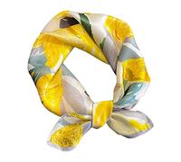 Aufeel Petit foulard carrée 100 % pure soie de mûrier pour femme, Foulard en soie, 53 x 53 cm, Motif à fleurs - Jaune, Small