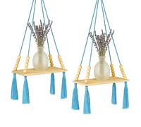 AUFIKR Lot de 2 étagères murales en perles de bois avec franges en coton, décoration murale esthétique pour chambre à coucher, chambre d'enfant, cuisine (bleu)