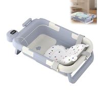Aufun Baignoire pliable pour bébé, avec coussin de bain et thermomètre intégré, support de baignoire, portable, article essentiel pour les nouveau-nés et les tout-petits, bleu et blanc