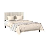 AufuN Cadre de lit avec tête de lit en velours, 140 x 200 cm, cadre de lit rembourré avec aspect bouton, lit plate-forme avec sommier à lattes en bois, lit double pour adultes, design moderne, beige