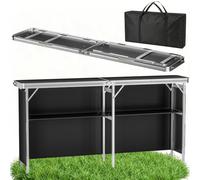 AufuN Comptoir de foire portable - Table de camping pliable en aluminium | 196 × 38 × 85 cm Table de pique-nique avec 2 étagères, plateau de table en MDF et sac de transport, noir