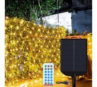 Aufun Filet Lumineux Solaire LED 6x2M, Minuterie 8 Modes Télécommande Guirlande Lumineuse Étanche Extérieur Intérieur Rideau Lumineux pour Décoration de Jardin de Noël - Blanc Chaud