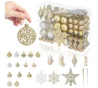 Aufun Lot de 138 boules de Noël en plastique - Champagne avec étoile - Boules de Noël avec corde - Différentes tailles et modèles - Décoration de Noël pour l'extérieur et l'intérieur