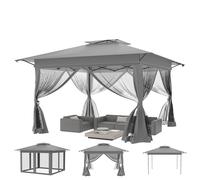 Aufun Tonnelle de jardin Pop Up 4 x 4 m, imperméable, protection UV, stable, pliable, en 3 niveaux, hauteur réglable, avec 4 panneaux latéraux moustiquaires, double toit, avec sac de transport, gris