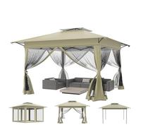 Aufun Tonnelle de jardin Pop Up 4 x 4 m, imperméable, protection UV, stable, pliable, en 3 niveaux, hauteur réglable, avec 4 panneaux latéraux moustiquaires, double toit, avec sac de transport, kaki