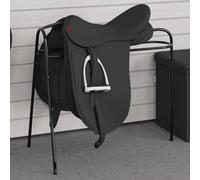 Augerlite Support de selle avec 3 pieds en fer revêtu par pulvérisation Noir 70 x 43 x 63 cm avec crochet à brides pour accessoires de selle, écurie, pâturage, entraînement et tournoi, robuste et