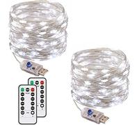 Augone Lot de 2 guirlandes lumineuses à DEL, 120 LED, 13 m, étanche, avec télécommande et minuterie, 8 modes, pour chambre, mariage, fête, décorations de Noël (blanc froid)