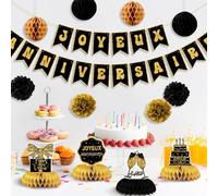 AUGSUN Décoration Anniversaire Noir et Or, Kit Complet avec Bannière 'Joyeux Anniversaire', 4 Éléments de Table, Pompons et Sphères Alvéolées pour Fêtes Enfants et Adultes