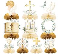 AUGSUN Lot de 10 Décoration Baptême Fille et Garçon, Chemin de Table Communion en Nid d'abeille avec Pigeon et Croix, 15x15 cm Doré/Blanc