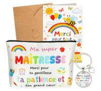 AUGSUN Trousse Cadeau Maîtresse avec Porte-clés et Carte de Remerciement,Pochette pour Enseignant, Atsem, Éducatrice, Idée Cadeau de Fin d'Année Scolaire