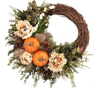 AugustknowU Couronne d'automne sur le thème de la citrouille avec feuille d'érable eucalyptus et baies pour centre de table de Thanksgiving (45 cm)