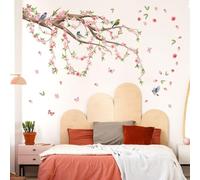 AugustknowU Lot de 3 feuilles de stickers muraux avec fleurs roses, branches papillons et oiseaux pour décoration de la maison (M18113-30 x 90 cm)