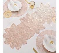 AugustknowU Set de table de luxe en PVC pour coureur résistant à la chaleur avec éléments floraux décoratifs pour présentation de table (or rose)