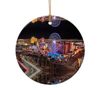 AUGUSTRUSH Ensemble de décorations de Noël en céramique, vue nocturne de Las Vegas, imprimé double face, décoration de vacances rondes à suspendre pour cheminée, décoration murale, fête, festival