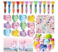 Augweyang Axolotl Ensemble de papeterie cadeau de fête avec stylo à bille, carnets, autocollants et sacs cadeaux pour 12 invités, sac à friandises, piñata, décorations de fête d'anniversaire