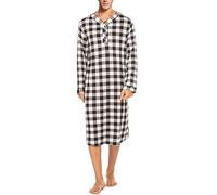AUHAIEM Chemise De Nuit en Coton pour Hommes Col en V à Manches Longues Chemise De Nuit à Carreaux Longueur Genou Doux VêTements De Nuit Amples,Gris,XXL