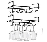 AUHOKY Lot de 2 porte-verres à vin réglables sous armoire, sans perforation, 3 rangées, support en métal à suspendre pour verres à vin, étagère de cuisine, bar (3 rangées, noir)