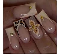 Auiremrti 24 pièces de faux ongles French Tips avec motif léopard, ongles carrés médians avec design de fleurs et étoiles en 3D, ongles de printemps