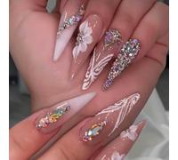 Auiremrti 24 pièces ongles à presser longs, faux ongles en forme de stiletto, ongles artificiels faits main avec designs en strass, ongles autocollants ombrés, ongles artificiels scintillants