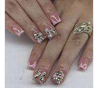 Auiremrti 24 pièces ongles press-on roses, courts et carrés, faux ongles French Tip avec design en boucles argentées 3D, à coller sur les ongles