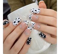 Auiremrti 24 pièces ongles pressés French Tip, courts, carrés avec motif vache et design strass, couverture complète, à coller pour femmes
