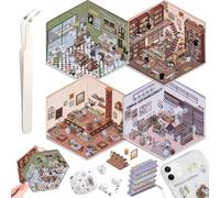 Auiremrti 4 Ensembles DIY Autocollants Maison 3D, Différents Thèmes, Scènes de Dessins Animés 3D, Autocollants Réutilisables, Adaptés au Passe-Temps, Incluant Pince à Épiler