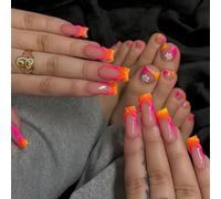 Auiremrti 48 pièces ongles colorés dégradé orange rose French à presser pour les ongles de pieds, longs ongles artificiels carrés avec designs ombrés, ongles de pieds artificiels à presser